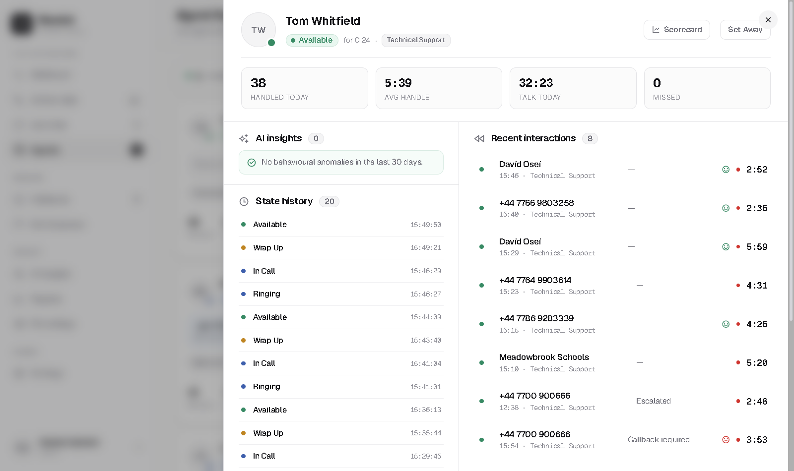 Rewind agent detail — state history, handle stats and interactions