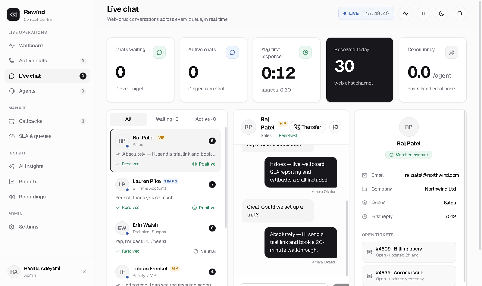 The live chat console